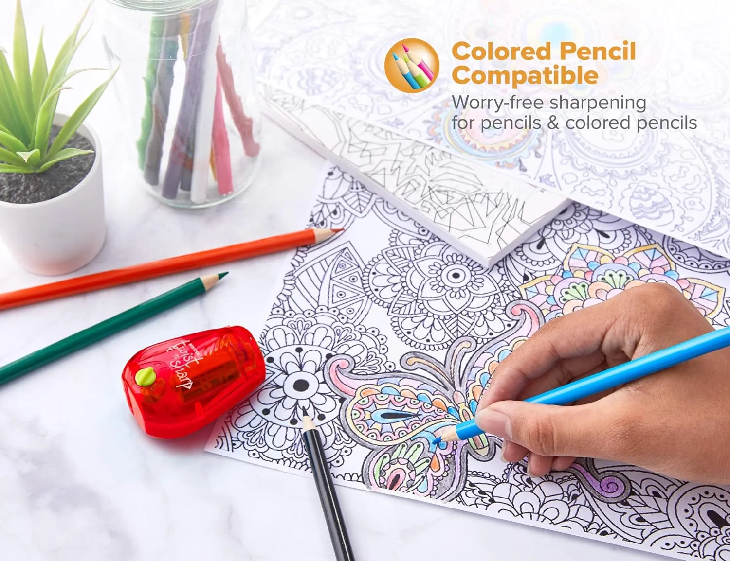 Bostitch Office Pencil Sharpener, Twist-N-Sharp, 3-Pack with 12 Colored Pencils for Kids Activities or Adult Coloring