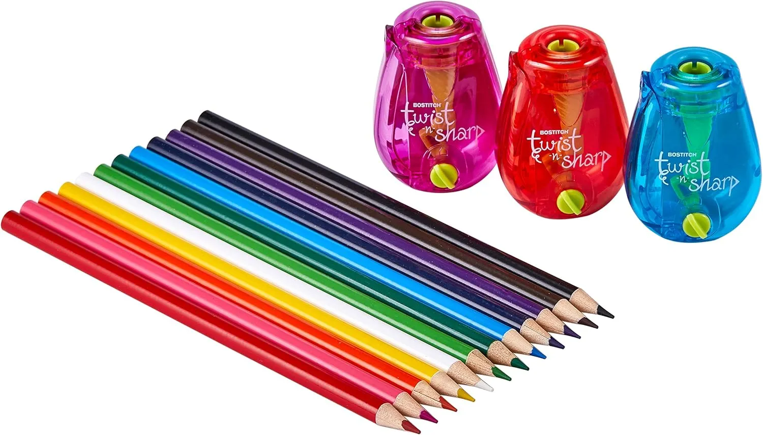 Bostitch Office Pencil Sharpener, Twist-N-Sharp, 3-Pack with 12 Colored Pencils for Kids Activities or Adult Coloring