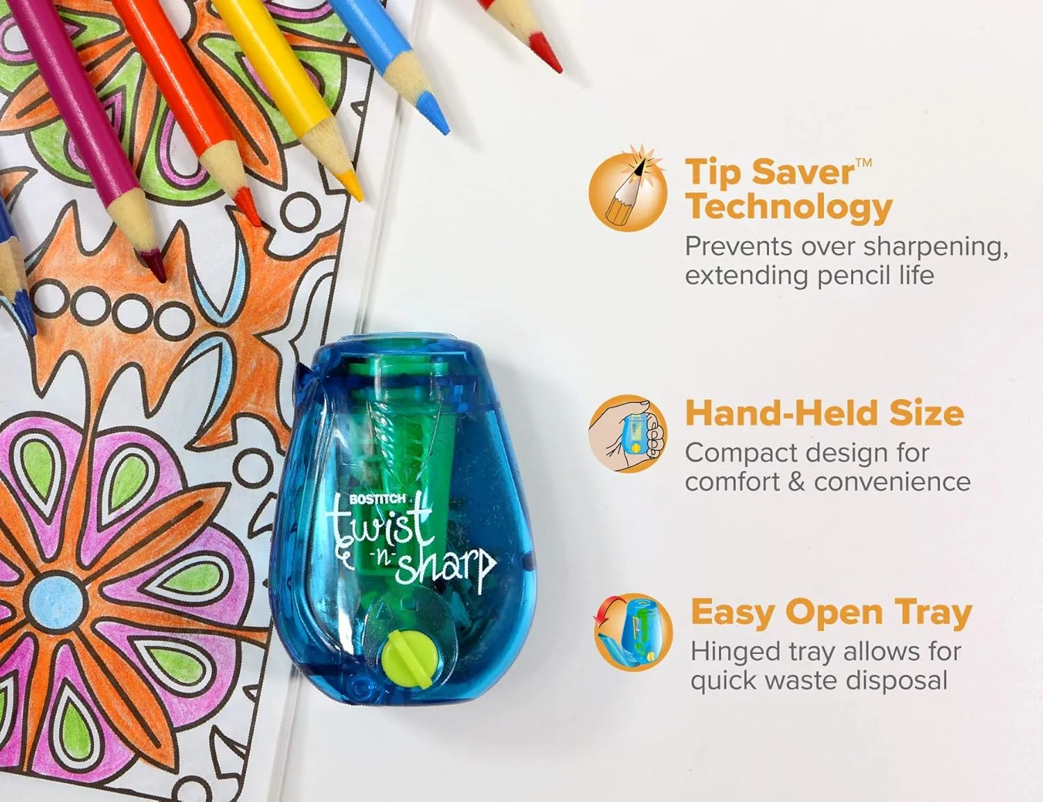 Bostitch Office Pencil Sharpener, Twist-N-Sharp, 3-Pack with 12 Colored Pencils for Kids Activities or Adult Coloring