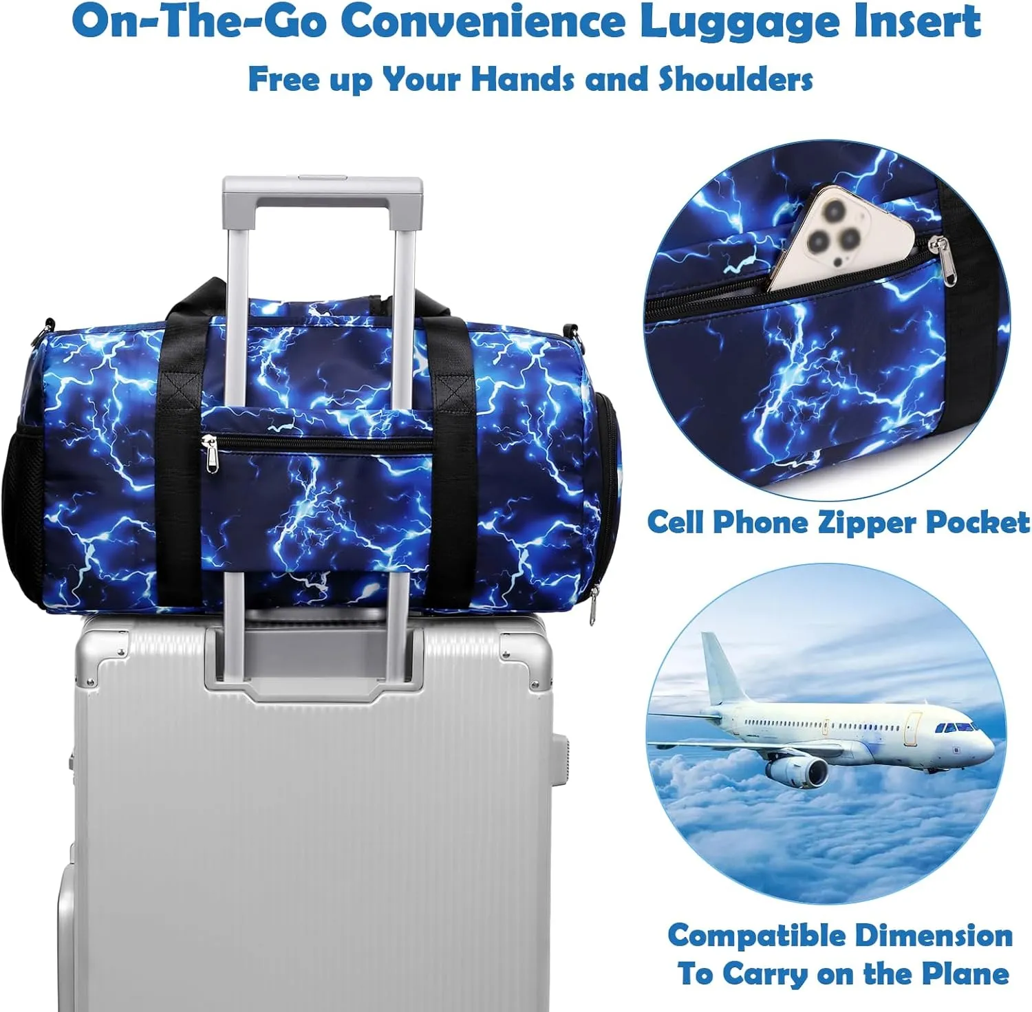 Boys Sport Bag, Deep Blue Lightning Large-capacity Duffle Bag with Wet & Shoe Compartment for Boys Gymnastics Overnight Travel Sleepover