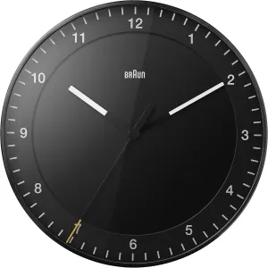 Braun Classic Large Analogue Wall Clock with Silent Sweep Movement, Easy to Read, 30cm Diameter in Black, Model BC17B.