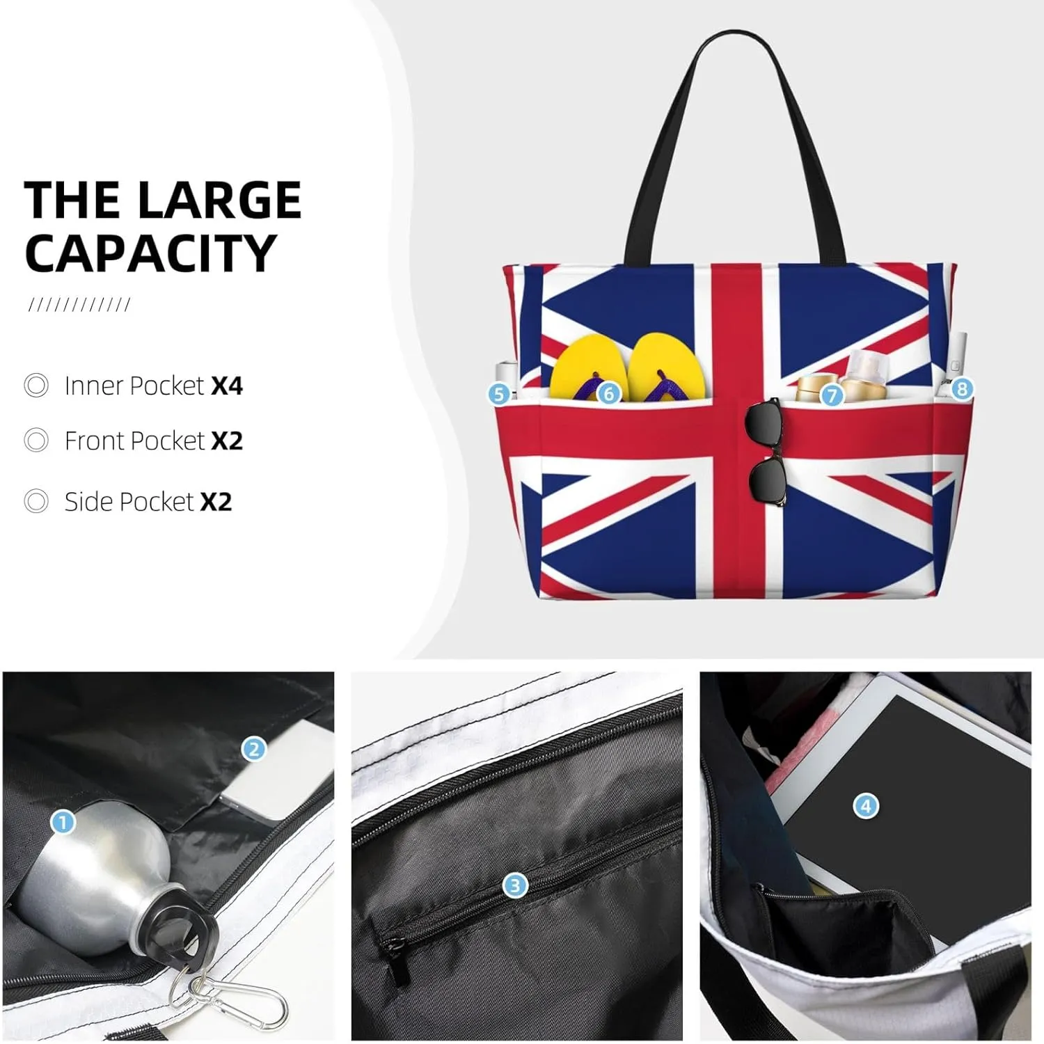 British Flag Large Capacity Foldable Tote Bag Women Beach Tote Bag Handbag Gym Bag Travel Shopping Bag