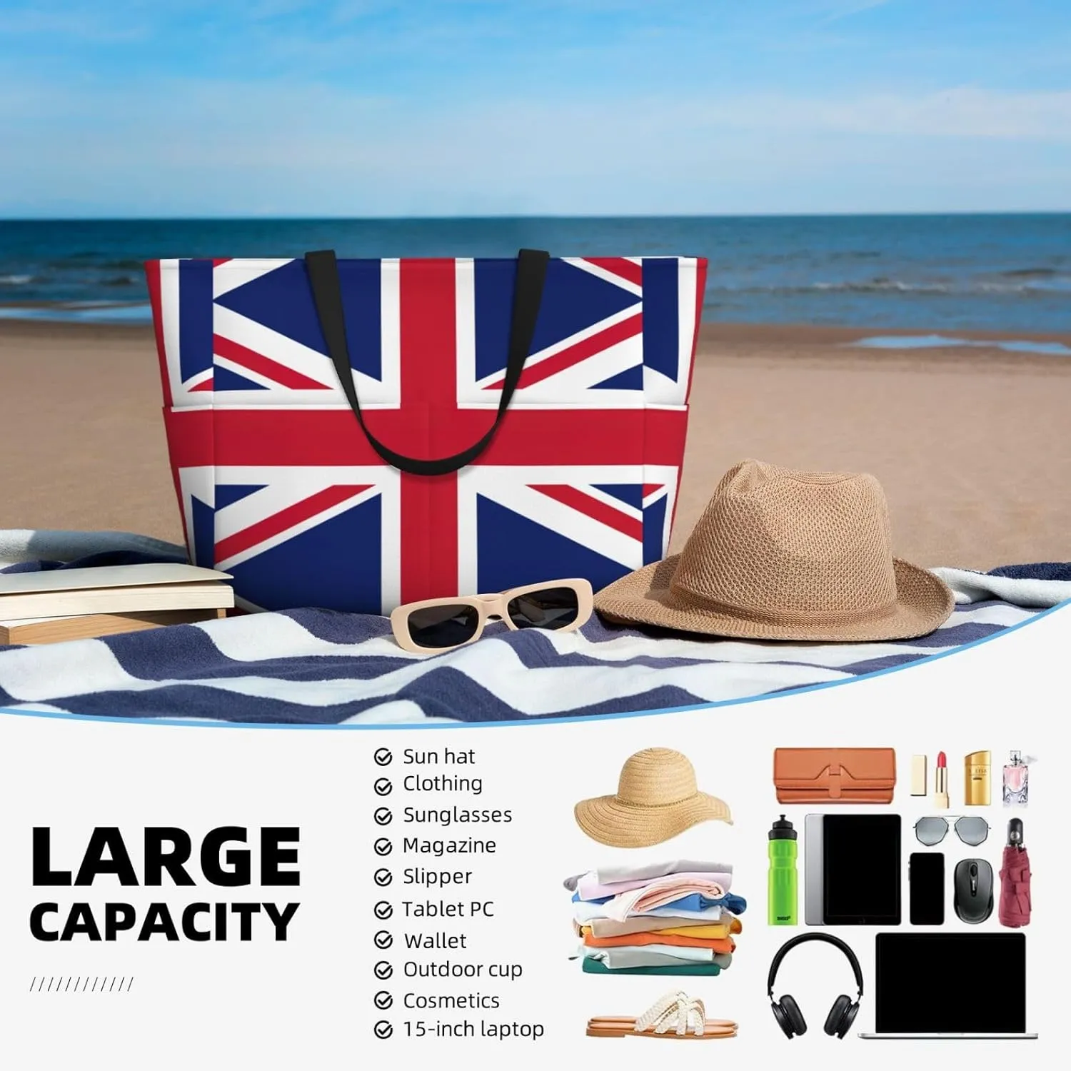 British Flag Large Capacity Foldable Tote Bag Women Beach Tote Bag Handbag Gym Bag Travel Shopping Bag