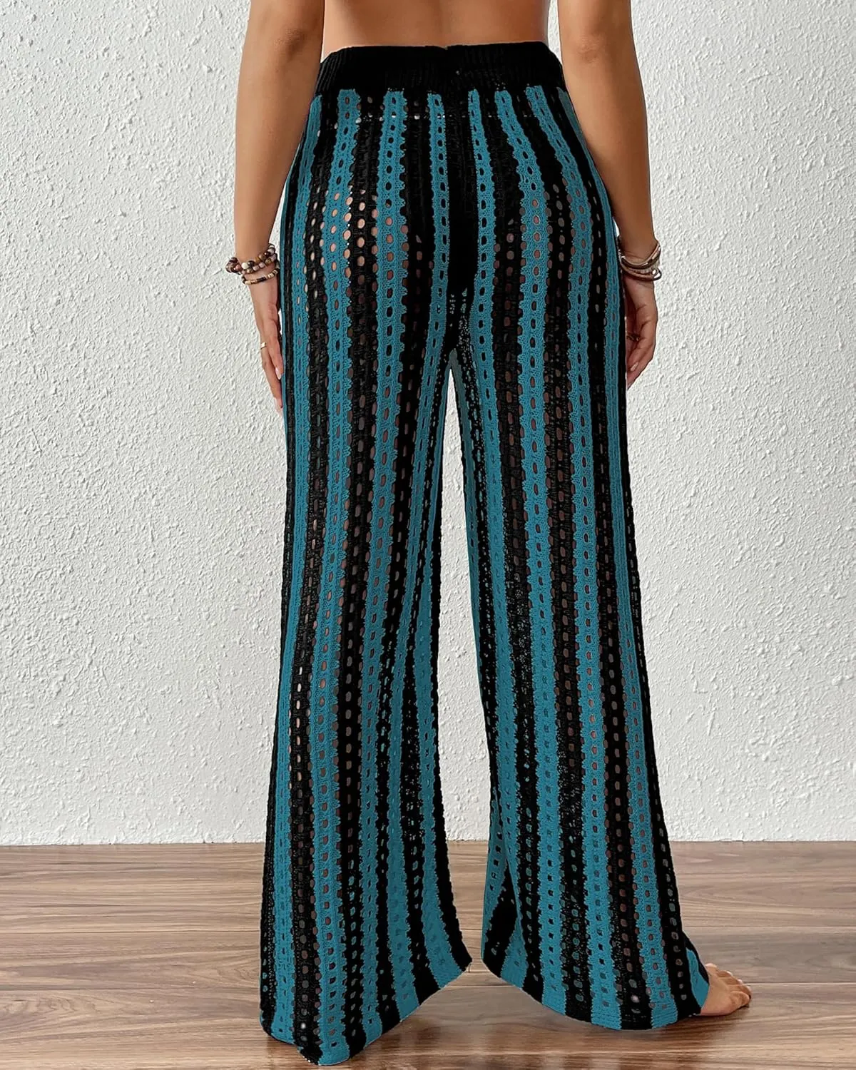Bsubseach Womens Crochet Pants Beach Swimsuit Coverup Striped Wide Leg Pant Mesh Knit Cover up 2025 Summer Vacation Outfits