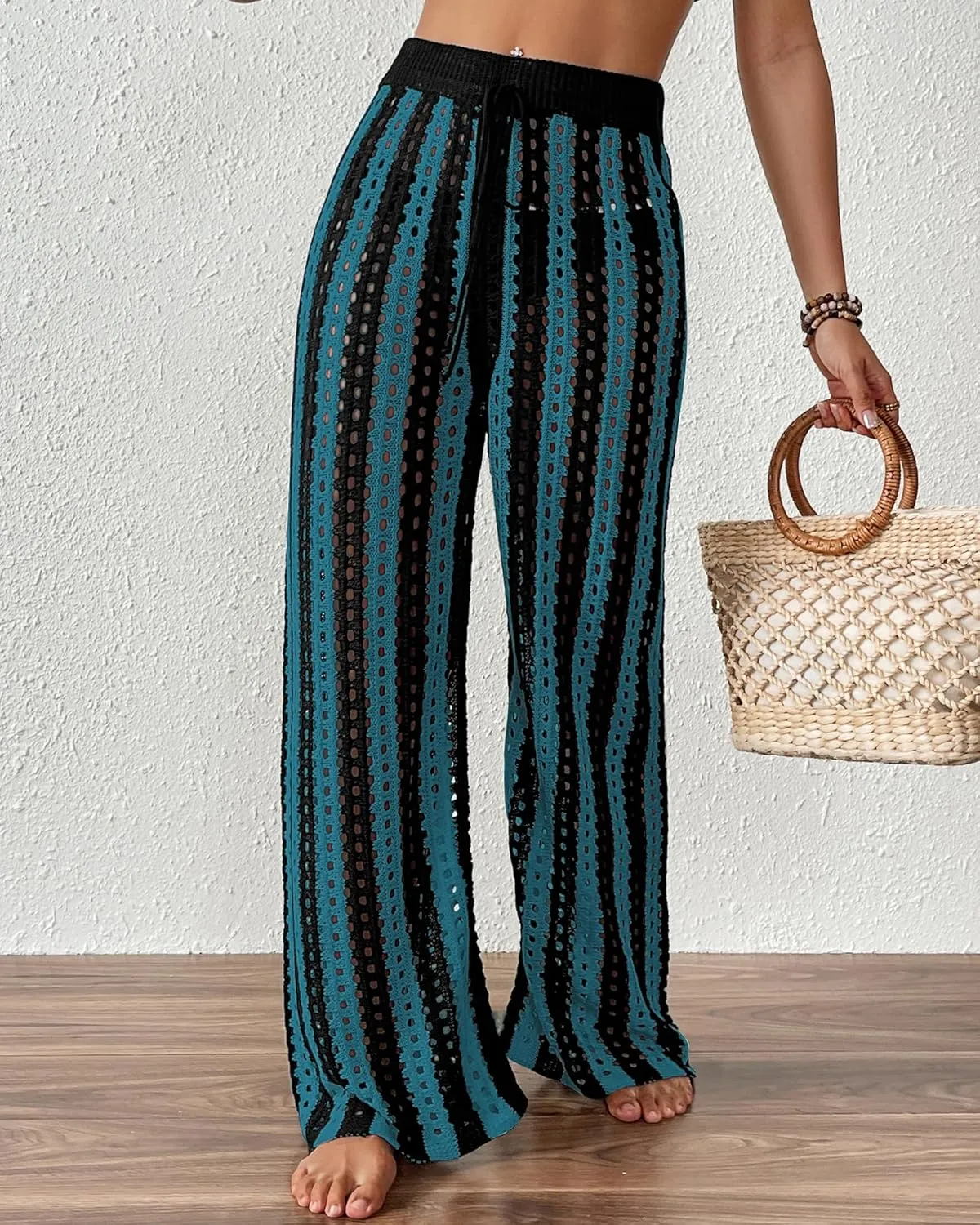 Bsubseach Womens Crochet Pants Beach Swimsuit Coverup Striped Wide Leg Pant Mesh Knit Cover up 2025 Summer Vacation Outfits