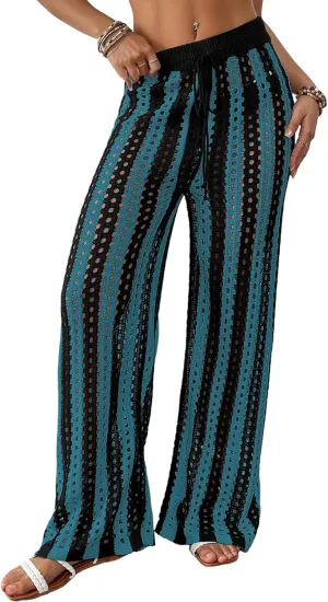 Bsubseach Womens Crochet Pants Beach Swimsuit Coverup Striped Wide Leg Pant Mesh Knit Cover up 2025 Summer Vacation Outfits