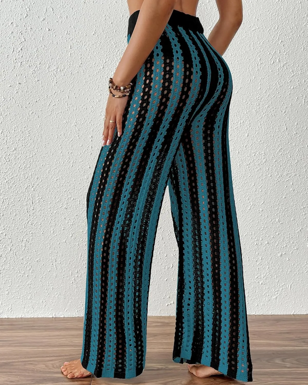 Bsubseach Womens Crochet Pants Beach Swimsuit Coverup Striped Wide Leg Pant Mesh Knit Cover up 2025 Summer Vacation Outfits