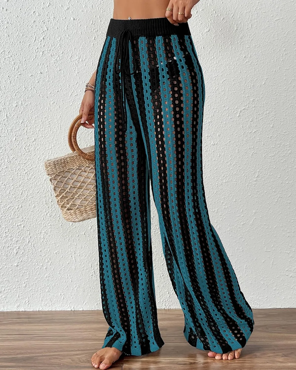 Bsubseach Womens Crochet Pants Beach Swimsuit Coverup Striped Wide Leg Pant Mesh Knit Cover up 2025 Summer Vacation Outfits