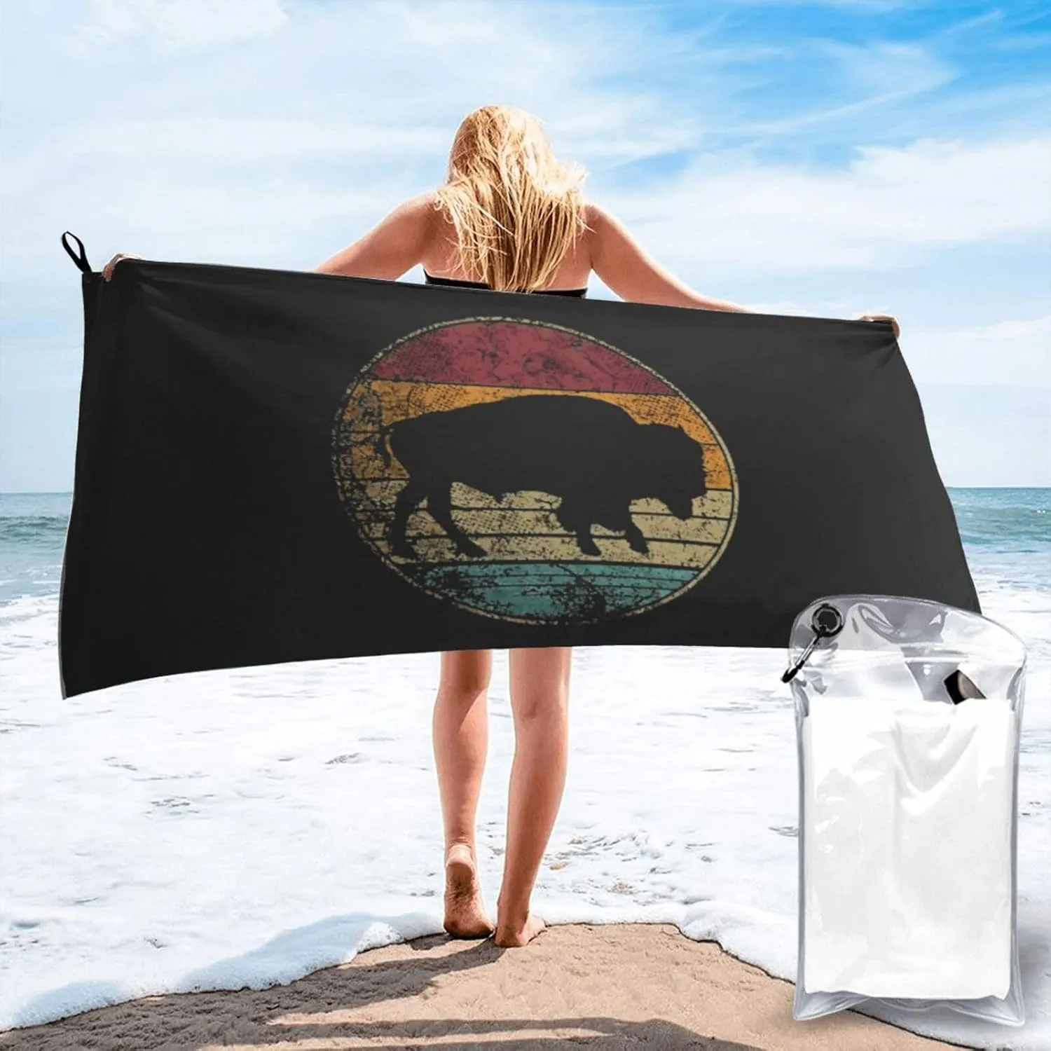 Buffalo Retro Bison Animal Lover Beach Towel Quick Dry Sand Free Lightweight Large 31.5"x63" with Travel Bag - Vacation Essentials Bath Towel for Pool, Summer