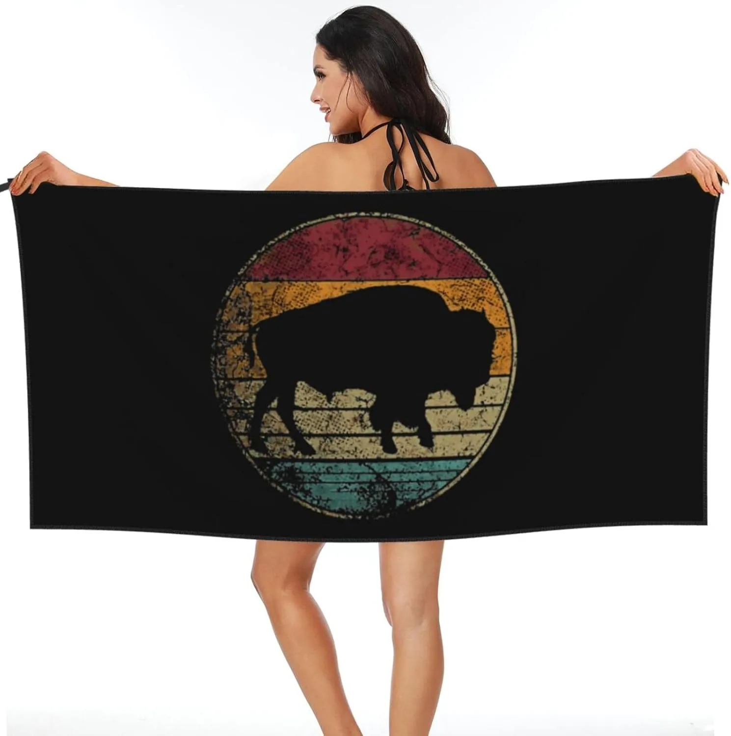 Buffalo Retro Bison Animal Lover Beach Towel Quick Dry Sand Free Lightweight Large 31.5"x63" with Travel Bag - Vacation Essentials Bath Towel for Pool, Summer