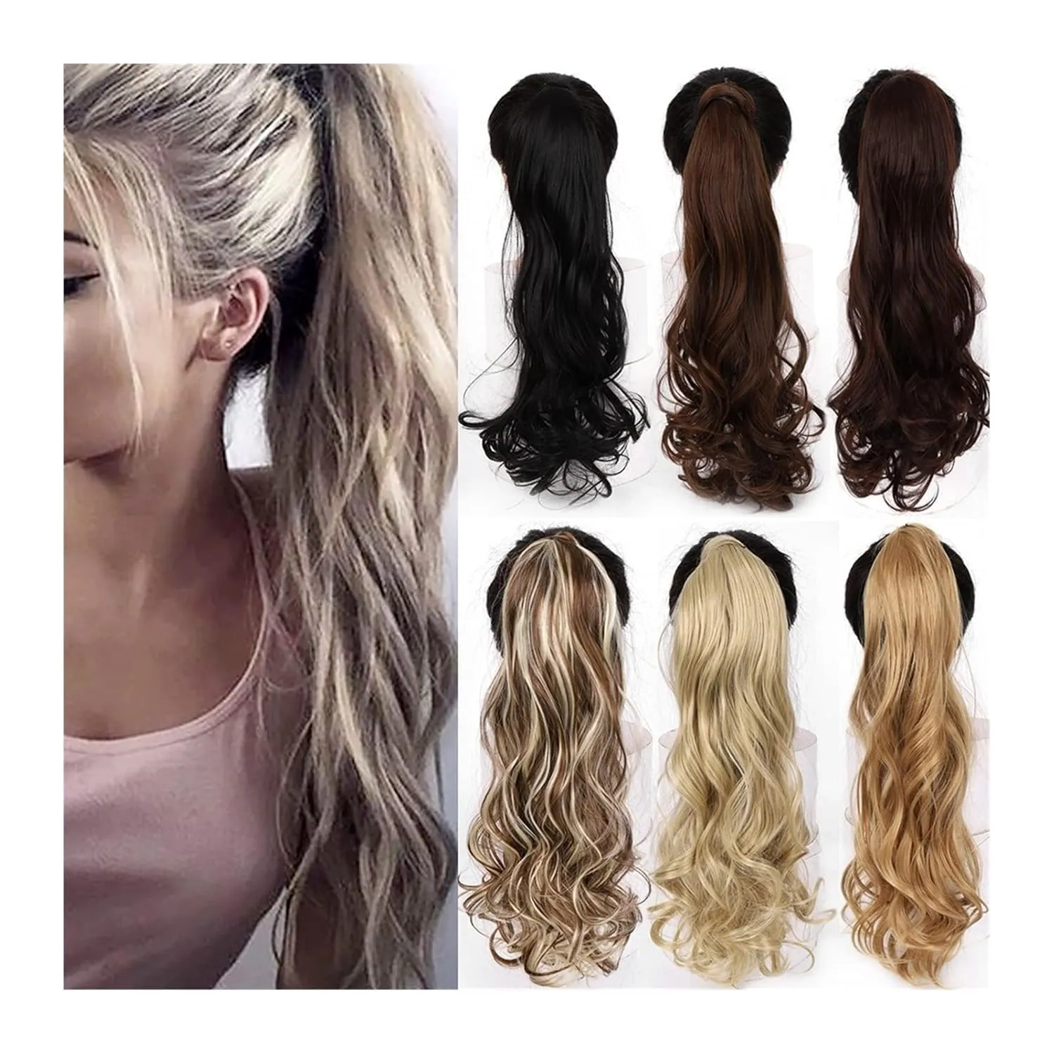 Bun Hair Pieces for Women 22" Long Wavy Ponytail Lengthening Synthetic Curly Wraparound Ponytail Hair Extension Hair Clip Women Wig Curly Bun Messy Bun Hair Piece(14)