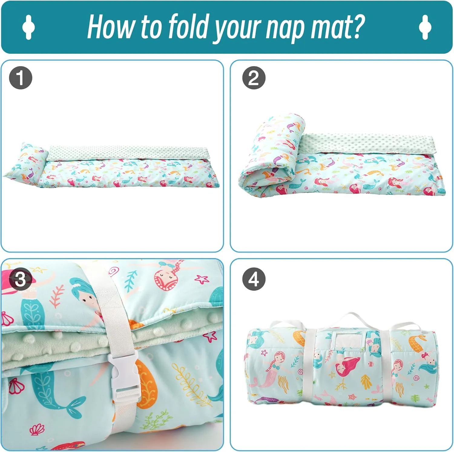 Bunnikins & Clover Toddler Nap Mat with Removable Pillow, Nap Mats for Preschool, Easy Clean Toddler Nap Pad for Kindergarten, Kids Sleeping Bag for Travel Camping