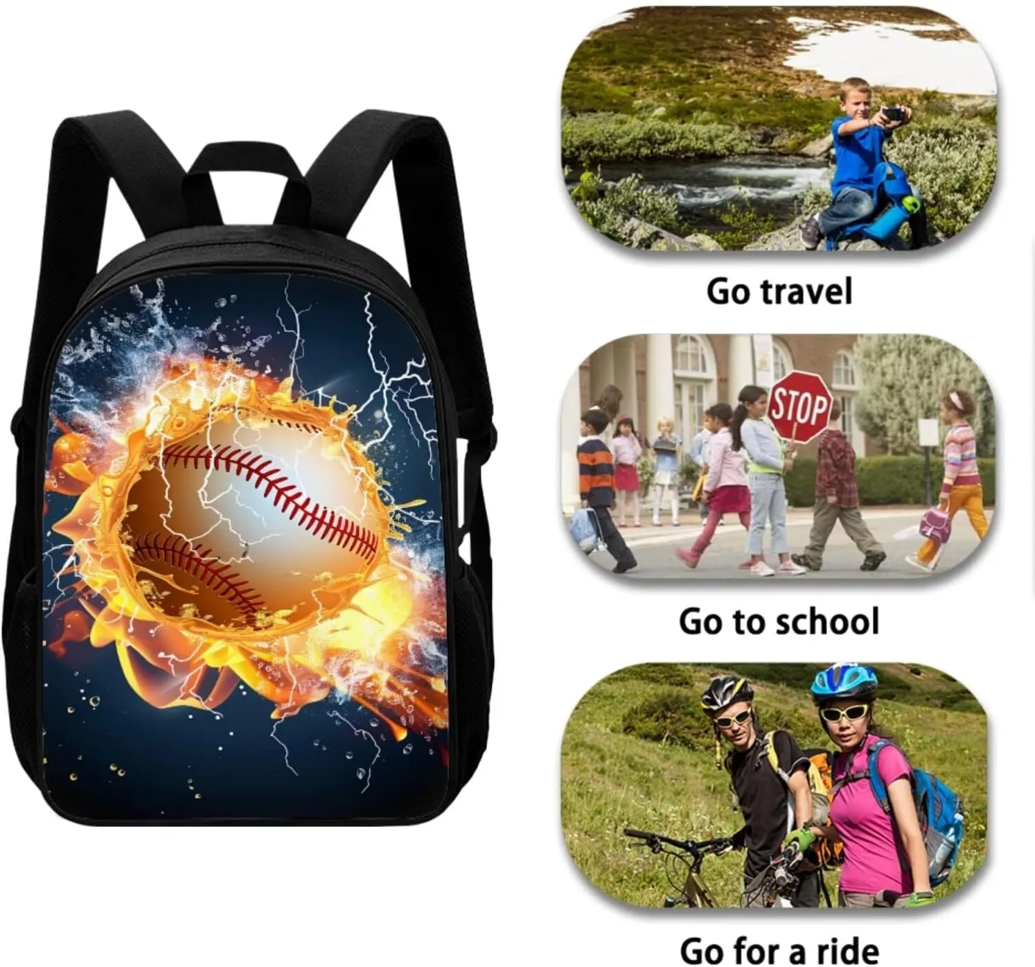 Burning Baseball 3Pcs School Bag with Lunch Bag Pencil Case Bag for Kids Insulated Lunch Box Kids Travel Backpack Set for Airplane 3 in 1 Bookbag Set for Boys Girls Gifts for Children