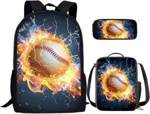 Burning Baseball 3Pcs School Bag with Lunch Bag Pencil Case Bag for Kids Insulated Lunch Box Kids Travel Backpack Set for Airplane 3 in 1 Bookbag Set for Boys Girls Gifts for Children