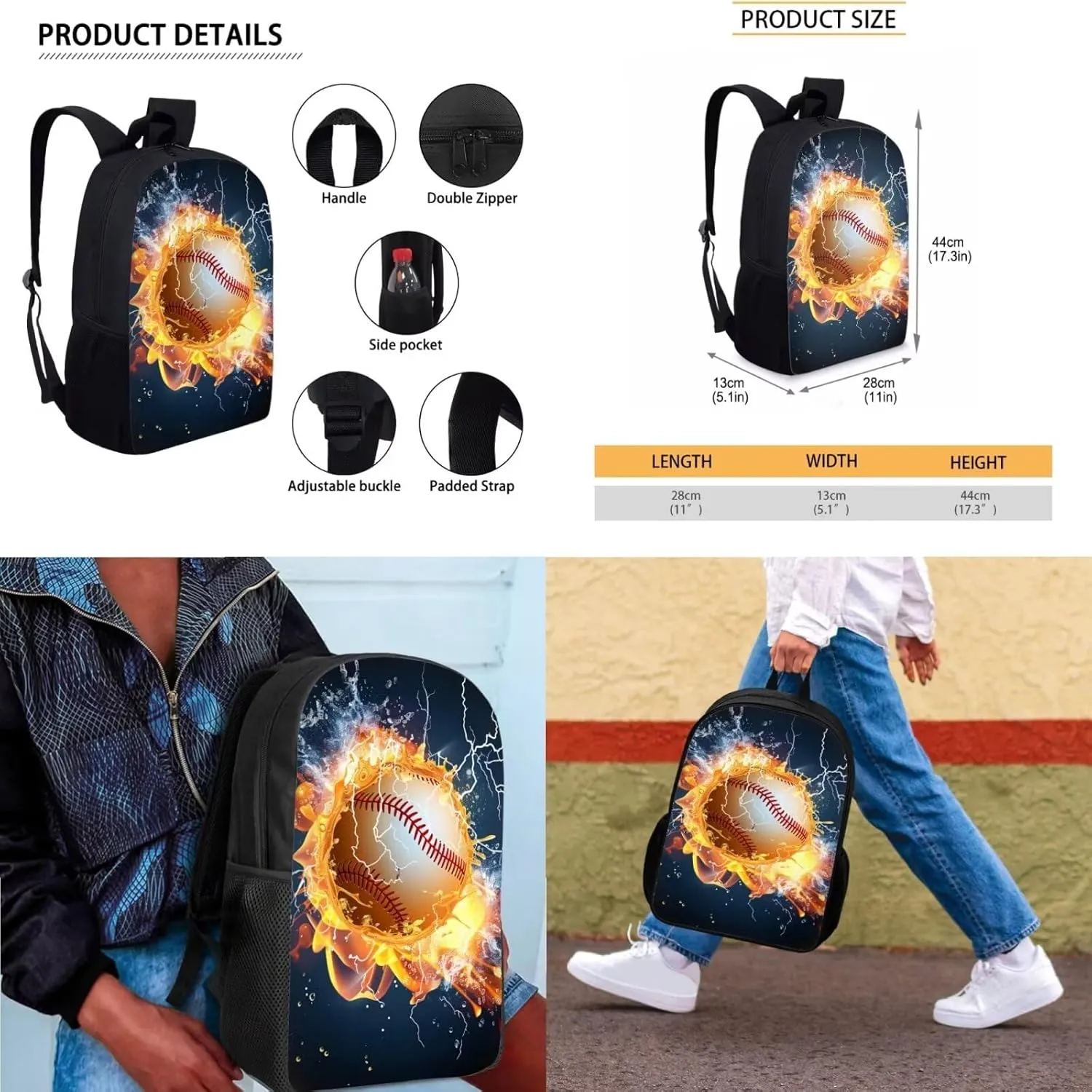 Burning Baseball 3Pcs School Bag with Lunch Bag Pencil Case Bag for Kids Insulated Lunch Box Kids Travel Backpack Set for Airplane 3 in 1 Bookbag Set for Boys Girls Gifts for Children