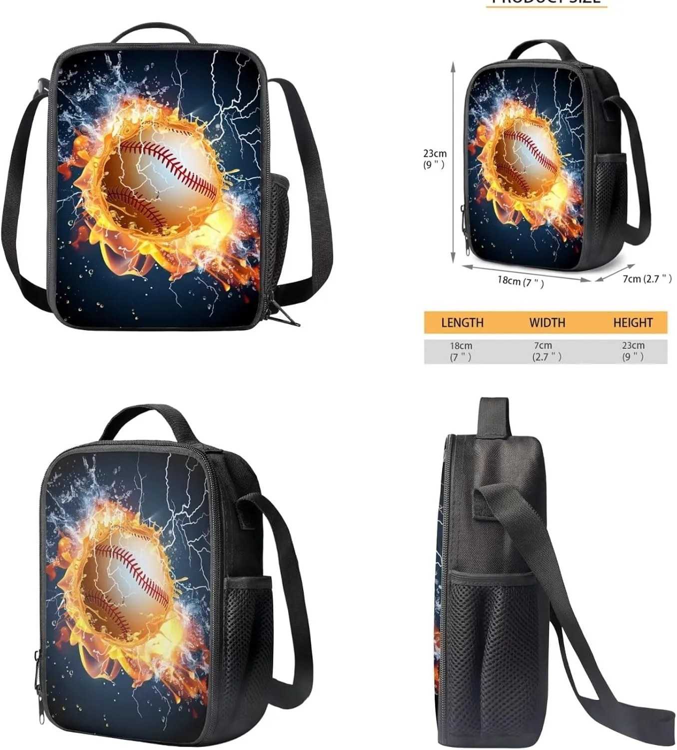 Burning Baseball 3Pcs School Bag with Lunch Bag Pencil Case Bag for Kids Insulated Lunch Box Kids Travel Backpack Set for Airplane 3 in 1 Bookbag Set for Boys Girls Gifts for Children