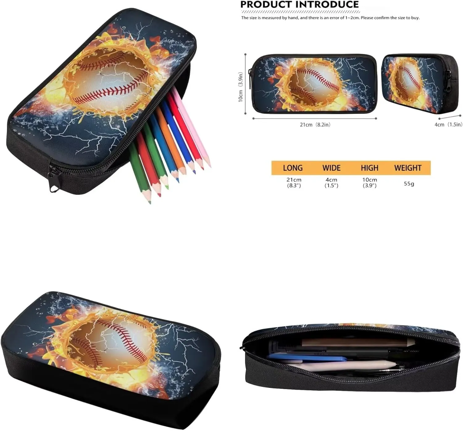 Burning Baseball 3Pcs School Bag with Lunch Bag Pencil Case Bag for Kids Insulated Lunch Box Kids Travel Backpack Set for Airplane 3 in 1 Bookbag Set for Boys Girls Gifts for Children