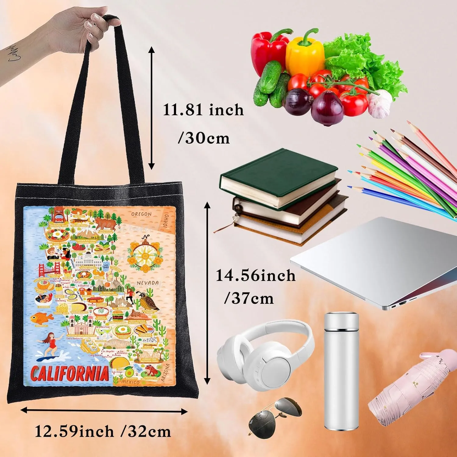BWWKTOP California Travel Tote Bag - Reusable Grocery Bag - Medium - San Francisco Sun - Adult Women