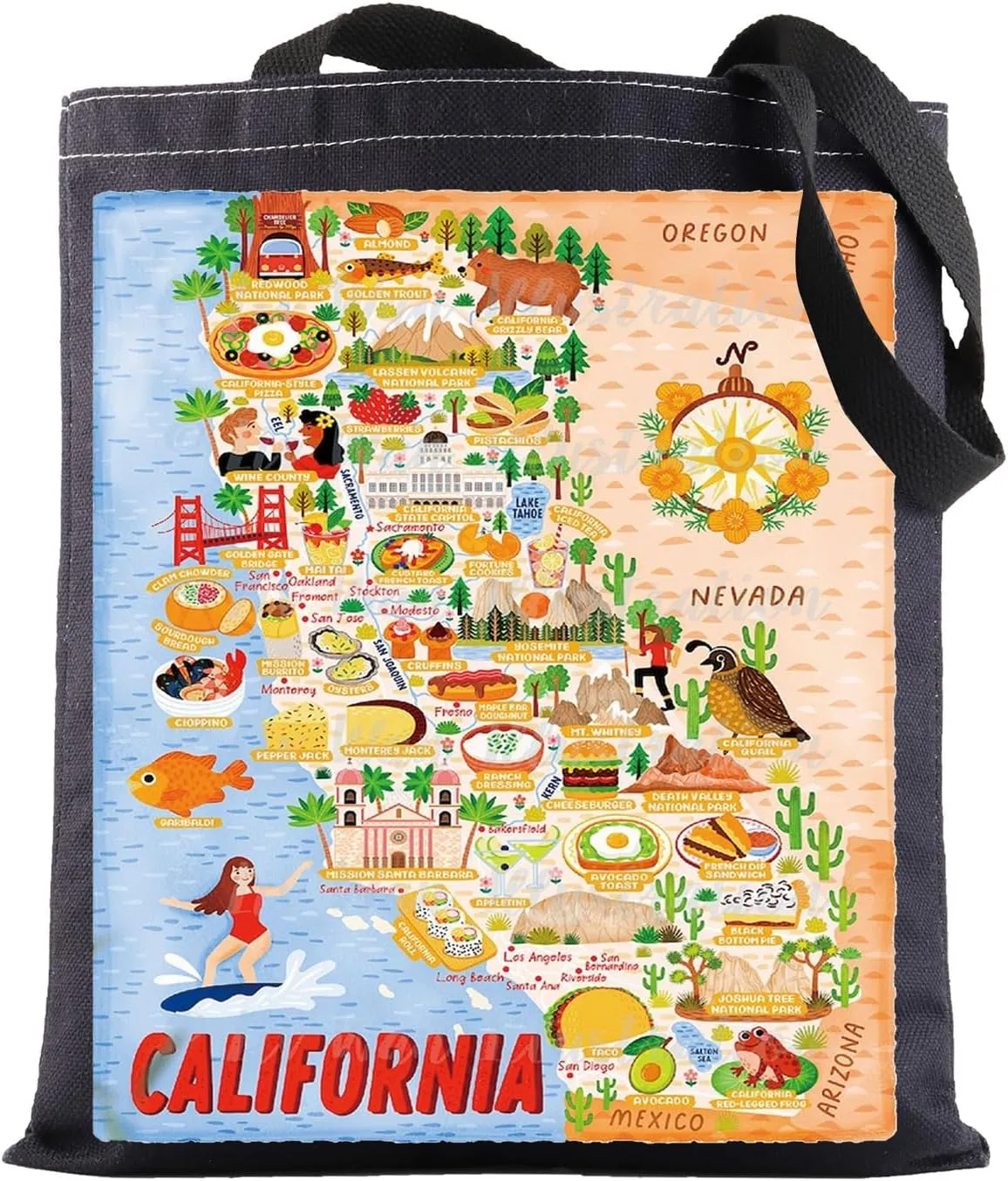 BWWKTOP California Travel Tote Bag - Reusable Grocery Bag - Medium - San Francisco Sun - Adult Women