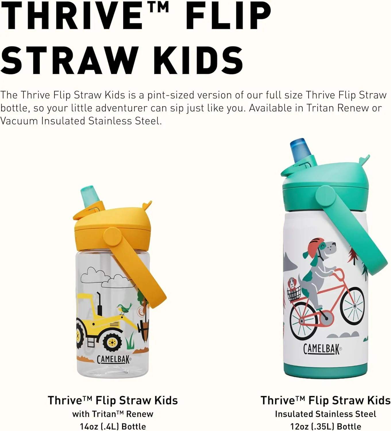 CamelBak Thrive Flip Straw Kids Bite Valve Tritan Renew Water Bottle 14oz