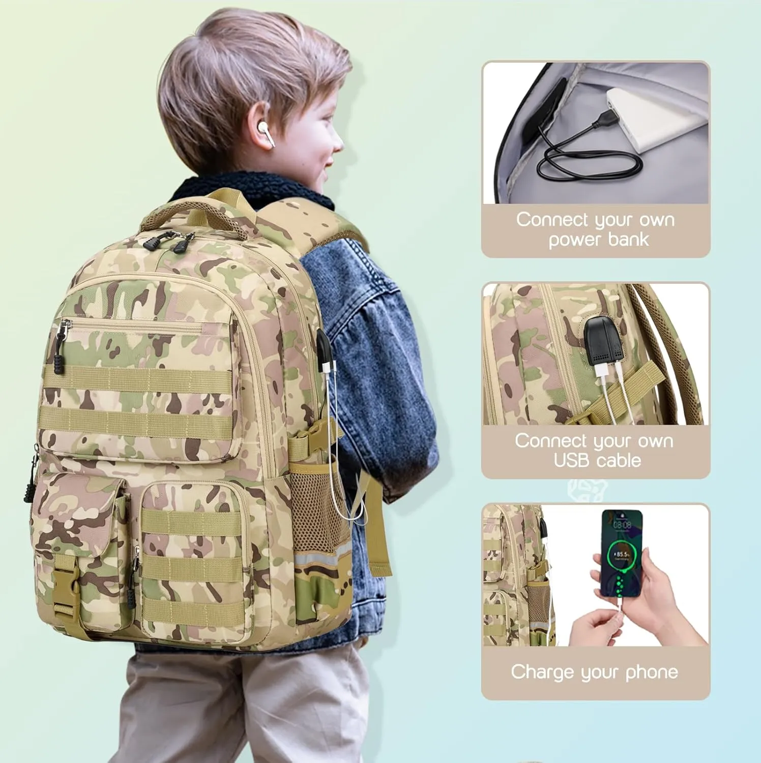 Camo Backpack for Boys, Tactical Boys Backpack for School, Kids Backpack With Lunch Box Pencil Case USB Charging Port Military Army School Bags for Boy Teens Kids Elementary Middle High School