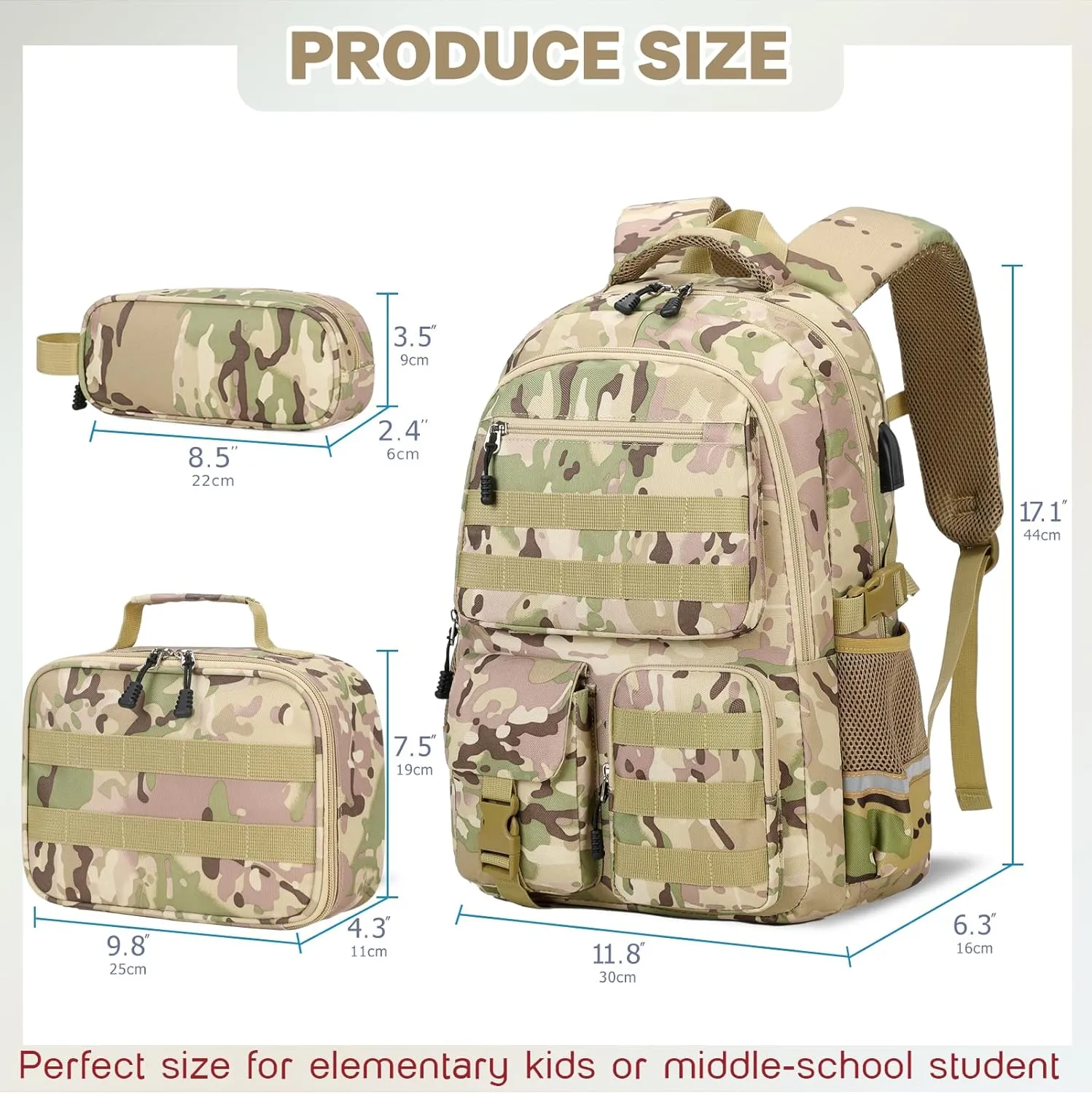 Camo Backpack for Boys, Tactical Boys Backpack for School, Kids Backpack With Lunch Box Pencil Case USB Charging Port Military Army School Bags for Boy Teens Kids Elementary Middle High School