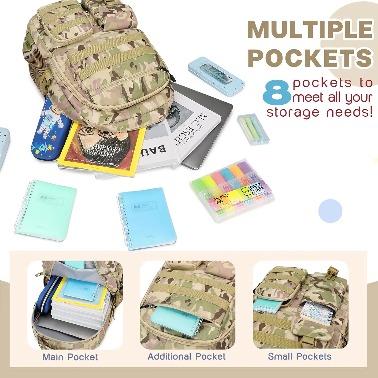 Camo Backpack for Boys, Tactical Boys Backpack for School, Kids Backpack With Lunch Box Pencil Case USB Charging Port Military Army School Bags for Boy Teens Kids Elementary Middle High School