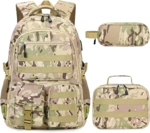 Camo Backpack for Boys, Tactical Boys Backpack for School, Kids Backpack With Lunch Box Pencil Case USB Charging Port Military Army School Bags for Boy Teens Kids Elementary Middle High School