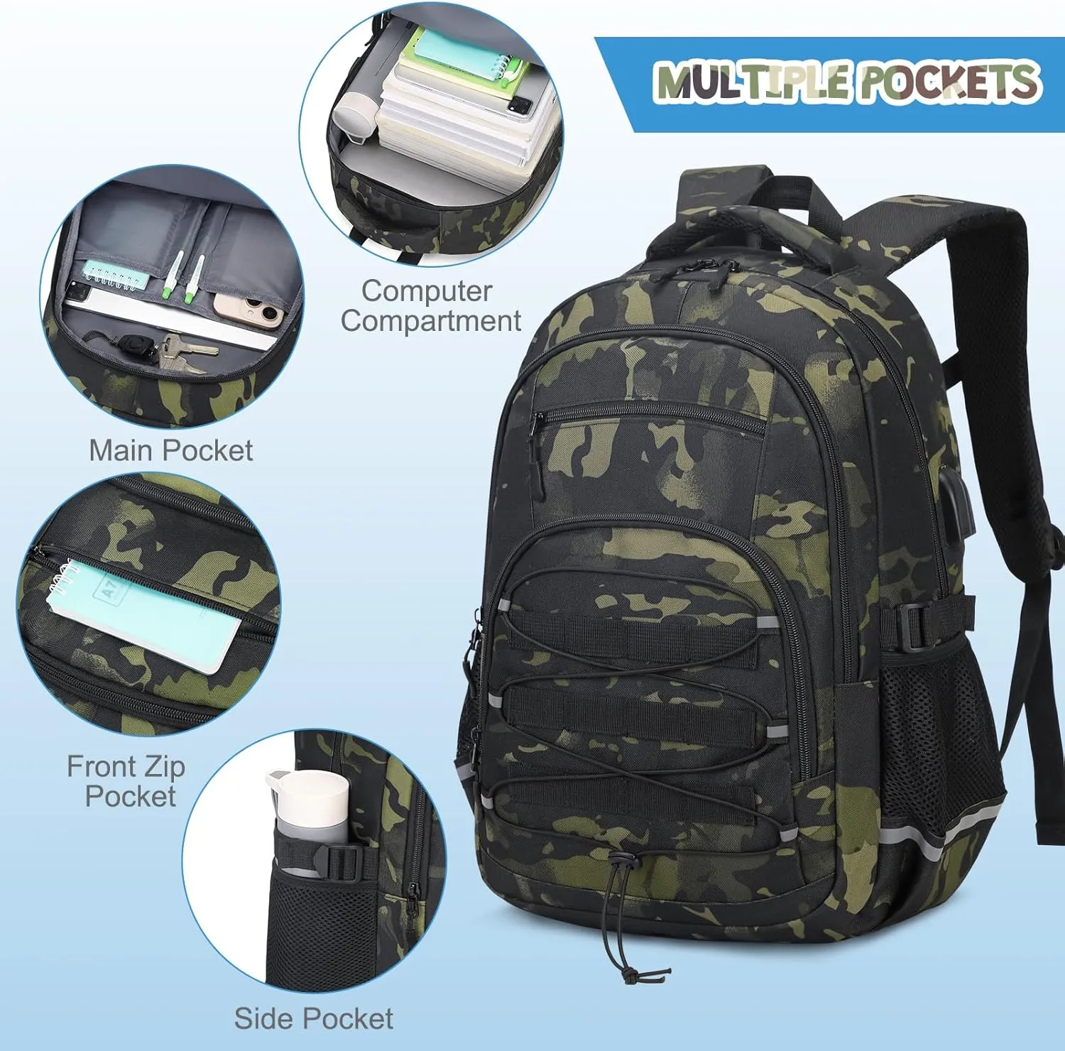 Camo Backpack for Boys, Tactical Kids Backpack Boys, School Bags for Boy Children Teens Kids Elementary Middle High School, Military Bookbag and Lunch Bag Pencil Case Set with USB Charging Port