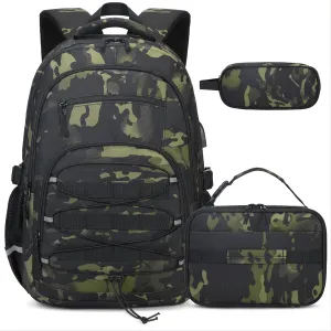 Camo Backpack for Boys, Tactical Kids Backpack Boys, School Bags for Boy Children Teens Kids Elementary Middle High School, Military Bookbag and Lunch Bag Pencil Case Set with USB Charging Port