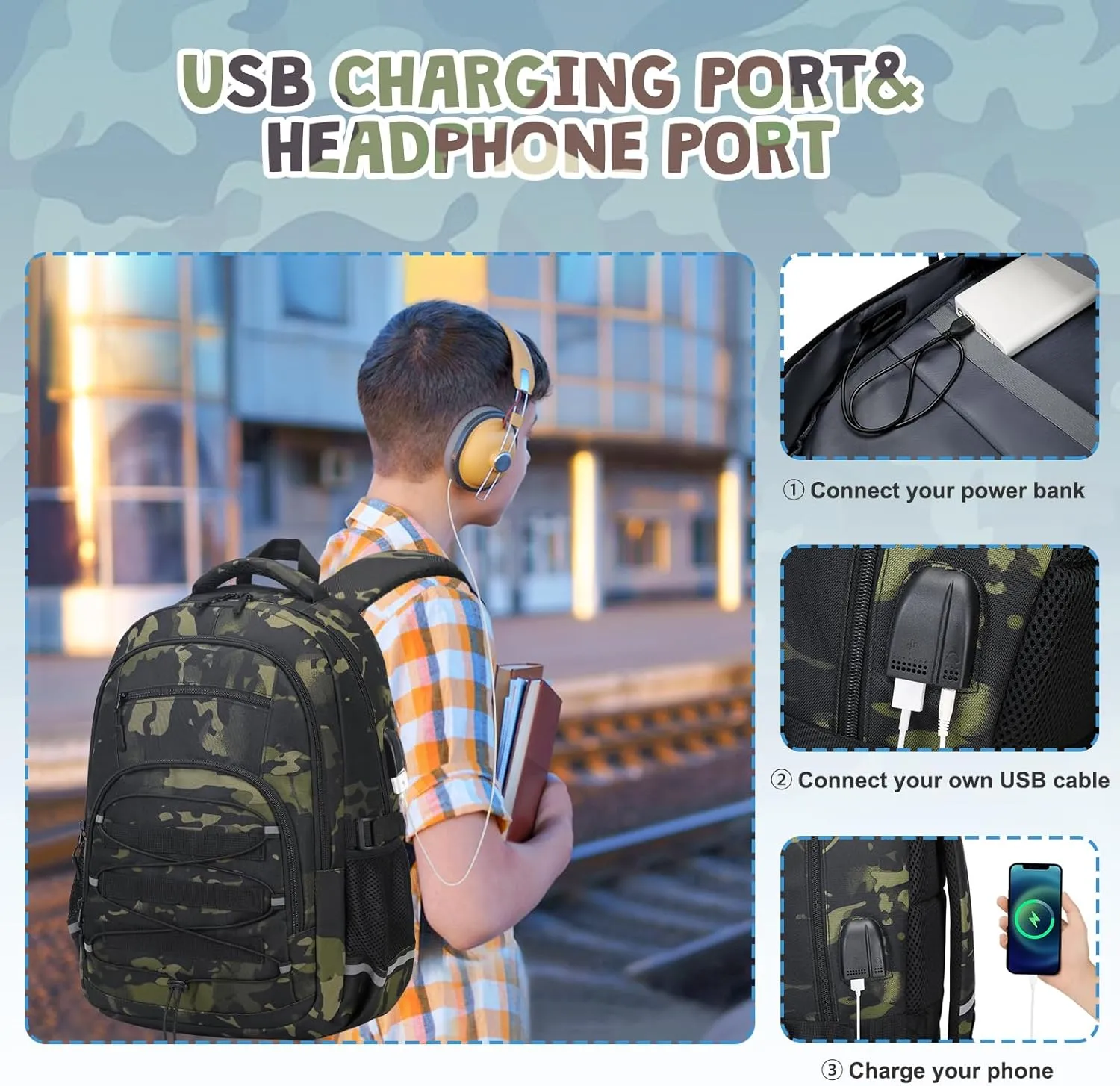 Camo Backpack for Boys, Tactical Kids Backpack Boys, School Bags for Boy Children Teens Kids Elementary Middle High School, Military Bookbag and Lunch Bag Pencil Case Set with USB Charging Port