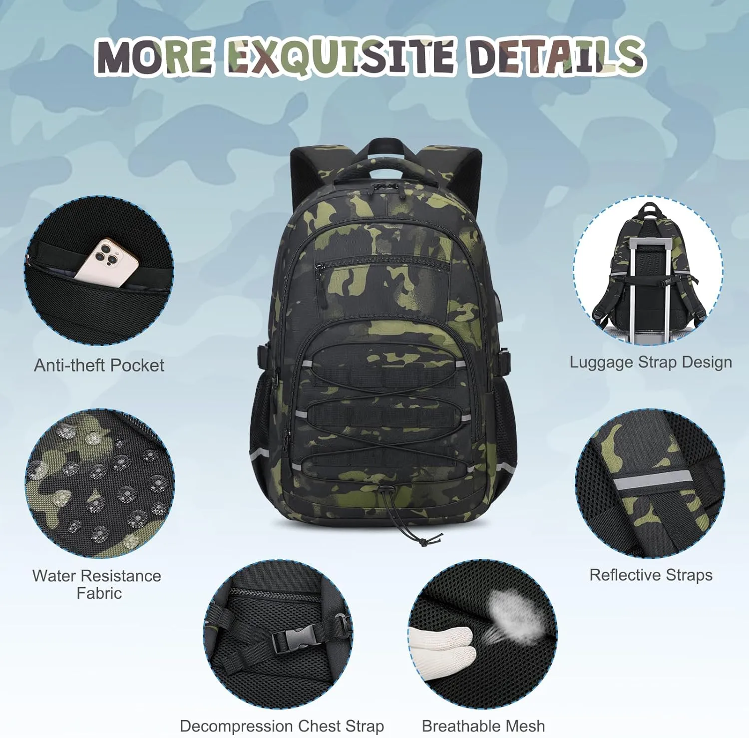 Camo Backpack for Boys, Tactical Kids Backpack Boys, School Bags for Boy Children Teens Kids Elementary Middle High School, Military Bookbag and Lunch Bag Pencil Case Set with USB Charging Port