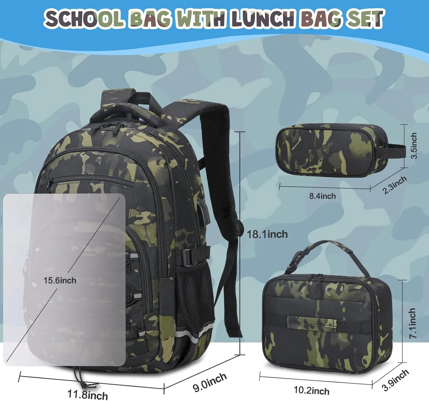 Camo Backpack for Boys, Tactical Kids Backpack Boys, School Bags for Boy Children Teens Kids Elementary Middle High School, Military Bookbag and Lunch Bag Pencil Case Set with USB Charging Port