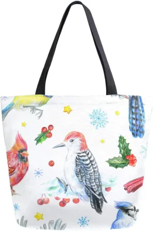 Canvas Tote Bag Red Cardinal Woodpecker Woman Beach Bag Blue Jay Snowflake Berries Shoulder Bag School Had Bag Large Reusable Handbag Lightweight for Shopping Grocery Travel Holiday Gift