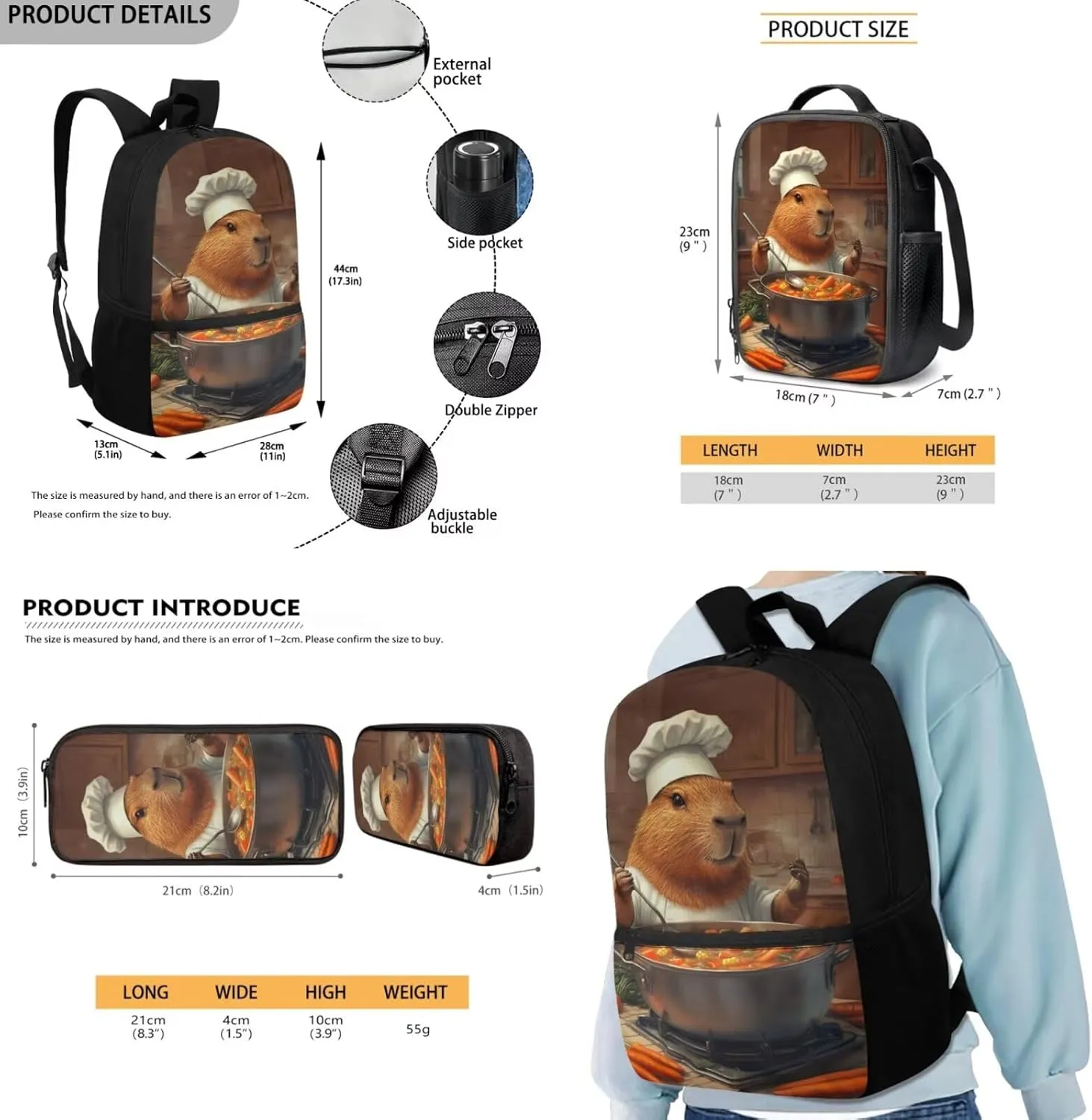 Capybara Backpack for Boys Chef Theme Kids Bookbag and Lunch Box Set Girls Large Capacity School Bag for Primary School 3 Pcs Portable Insulated Lunch Bag