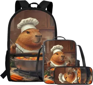 Capybara Backpack for Boys Chef Theme Kids Bookbag and Lunch Box Set Girls Large Capacity School Bag for Primary School 3 Pcs Portable Insulated Lunch Bag