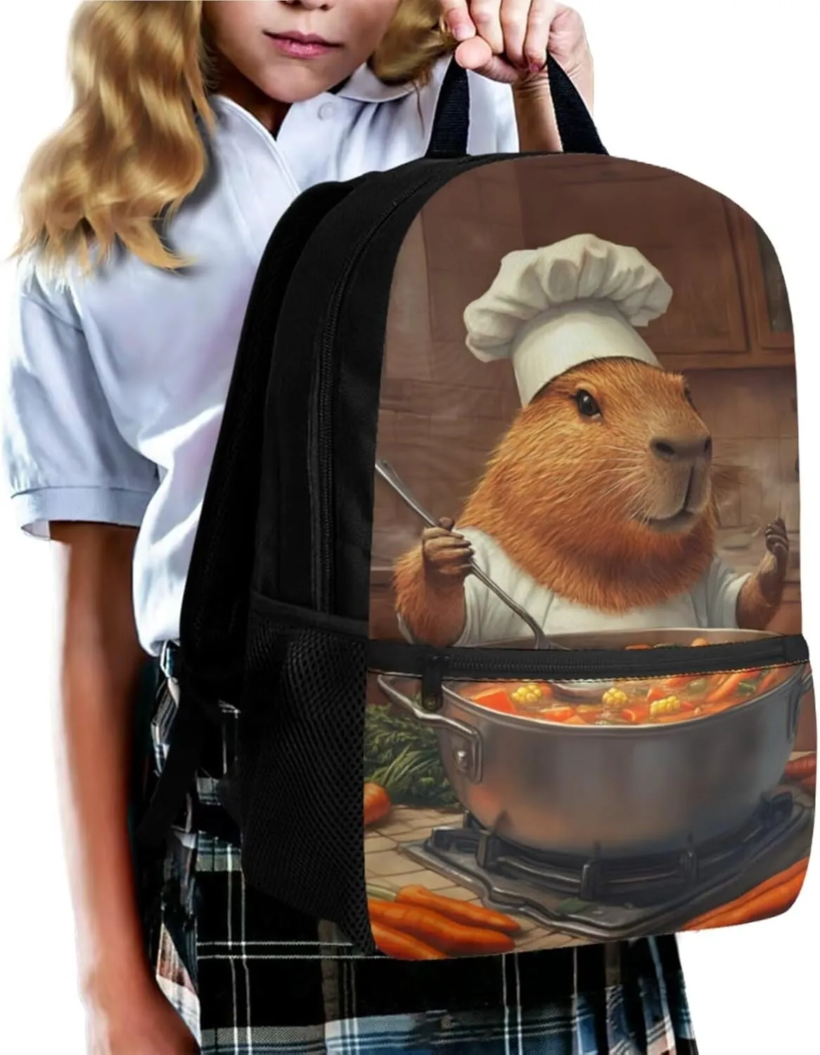 Capybara Backpack for Boys Chef Theme Kids Bookbag and Lunch Box Set Girls Large Capacity School Bag for Primary School 3 Pcs Portable Insulated Lunch Bag