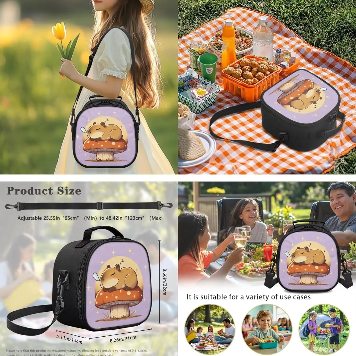 Capybara Lunch Bag Kids Cute Lunch Boxes for Teen Girls with Cutlery Bag Attract Attention Style Insulated Tote Waterproof Inner Liner Tote Bag with Strap Convinient Clean