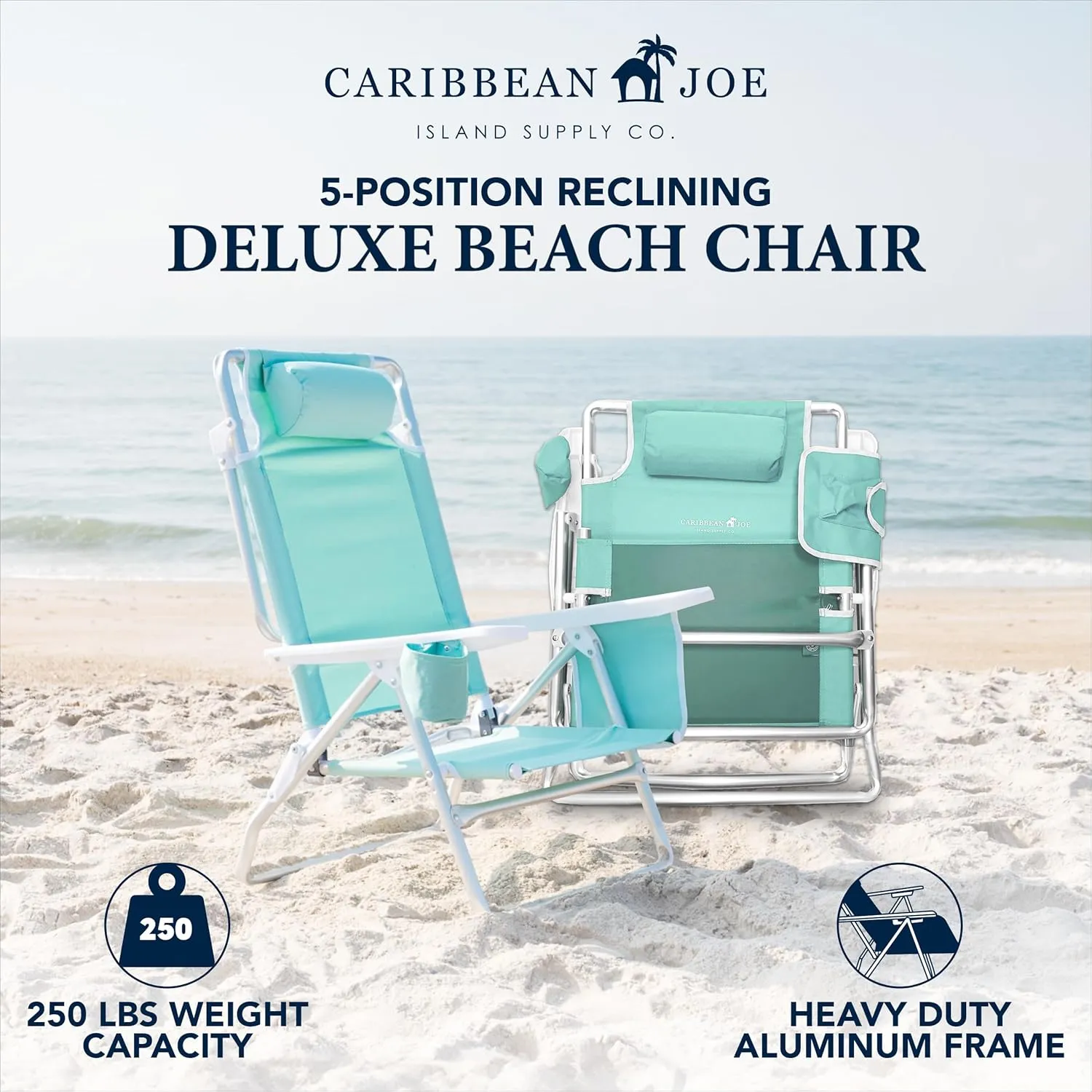Caribbean Joe Folding Beach Chair, 5 Position Lightweight, Portable Reclining Outdoor Camping Chair with Headrest, Shoulder Strap, and Cup Holder, Mint