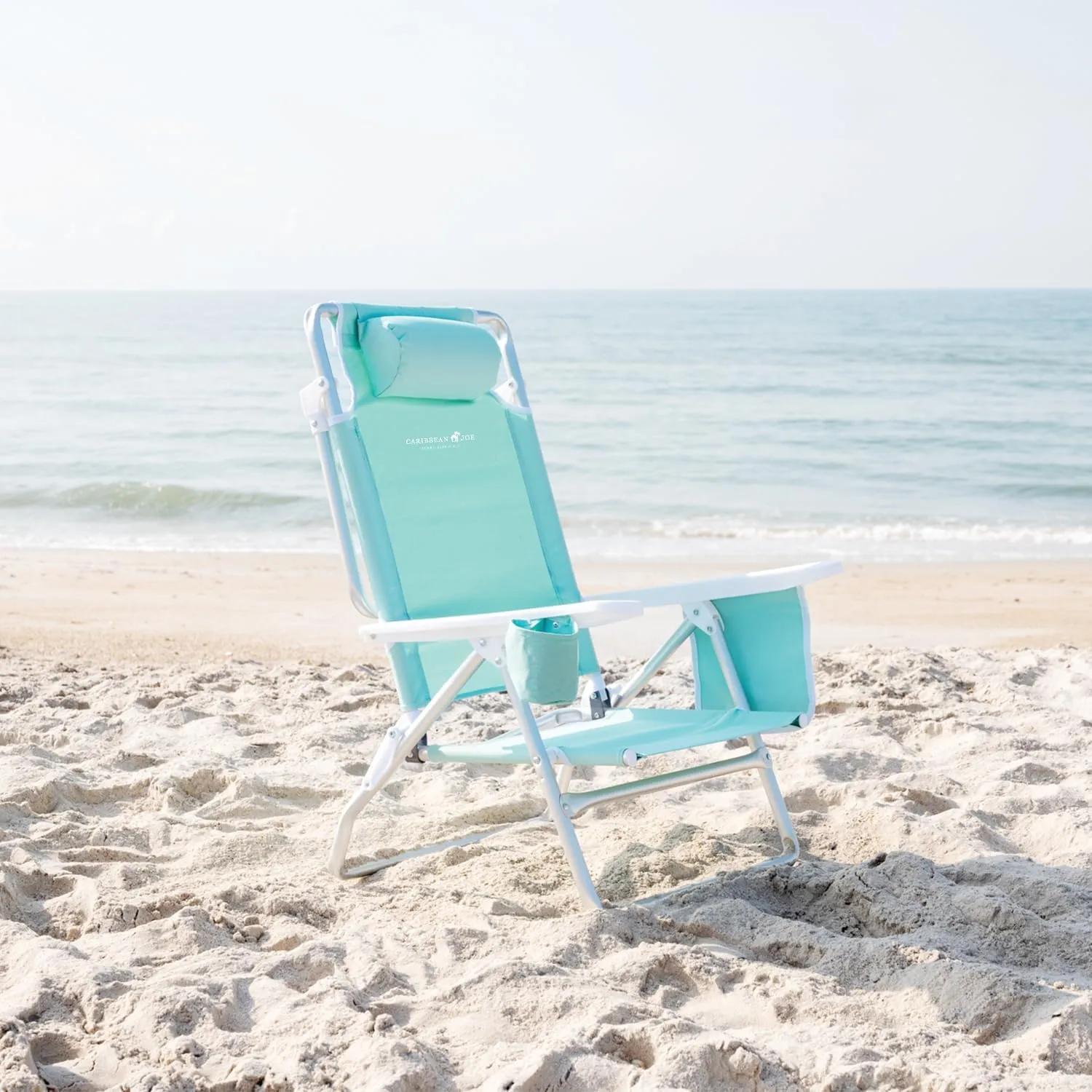 Caribbean Joe Folding Beach Chair, 5 Position Lightweight, Portable Reclining Outdoor Camping Chair with Headrest, Shoulder Strap, and Cup Holder, Mint