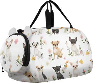 Cartoon Chihuahua Dogs White Kids Duffel Bag with Shoes Compartment Multifunctional Weekender Overnight Bags for Travel, Swimming, Dance, Ballet