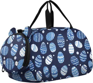 Cartoon Cute Blue and White Easter Eggs Duffel Gym Bags with Shoes Compartment Large Capacity Kids Overnight Bag for Boys and Girls