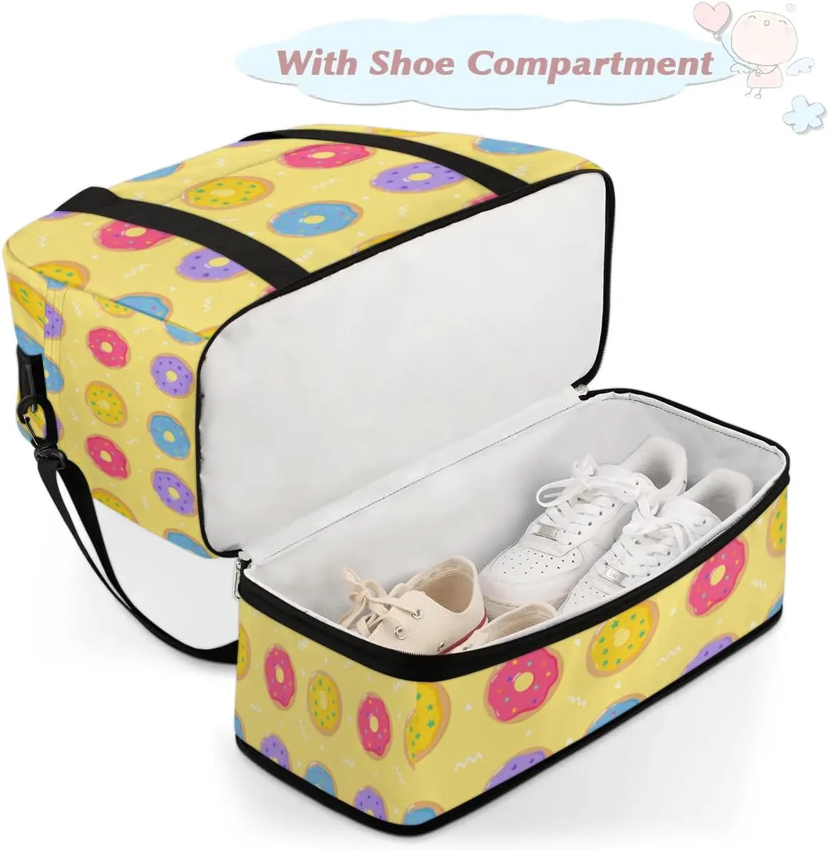 Cartoon Donuts Pattern Sports Gym Bag with Shoes Compartment Foldable Travel Duffel Bag Dry Wet Separated Sports Tote Workout Weekender Overnight Bag for Women Yoga Dance Work Training Handbag