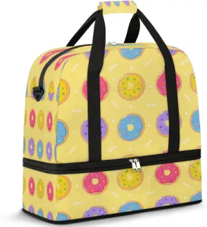 Cartoon Donuts Pattern Sports Gym Bag with Shoes Compartment Foldable Travel Duffel Bag Dry Wet Separated Sports Tote Workout Weekender Overnight Bag for Women Yoga Dance Work Training Handbag