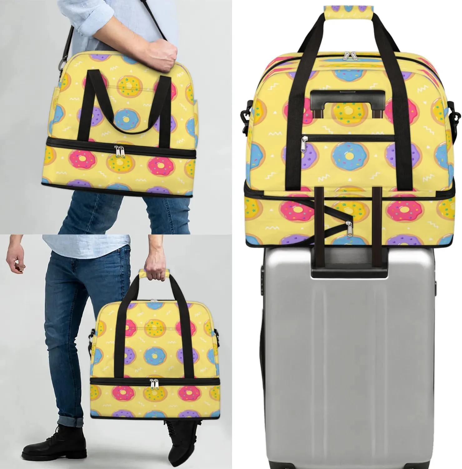 Cartoon Donuts Pattern Sports Gym Bag with Shoes Compartment Foldable Travel Duffel Bag Dry Wet Separated Sports Tote Workout Weekender Overnight Bag for Women Yoga Dance Work Training Handbag