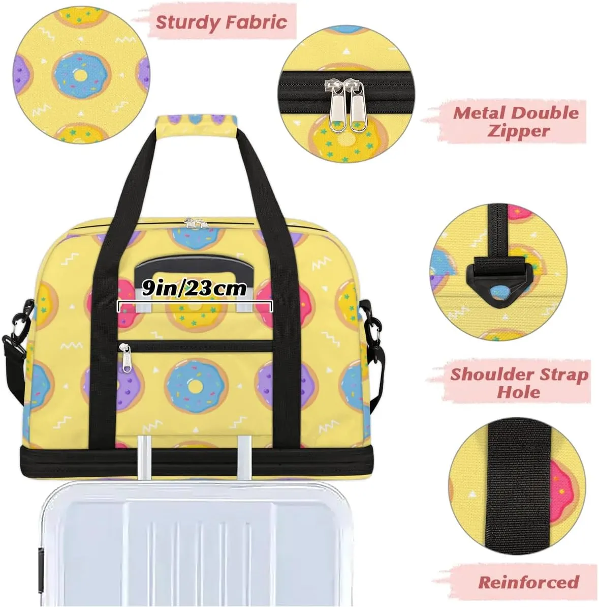 Cartoon Donuts Pattern Sports Gym Bag with Shoes Compartment Foldable Travel Duffel Bag Dry Wet Separated Sports Tote Workout Weekender Overnight Bag for Women Yoga Dance Work Training Handbag