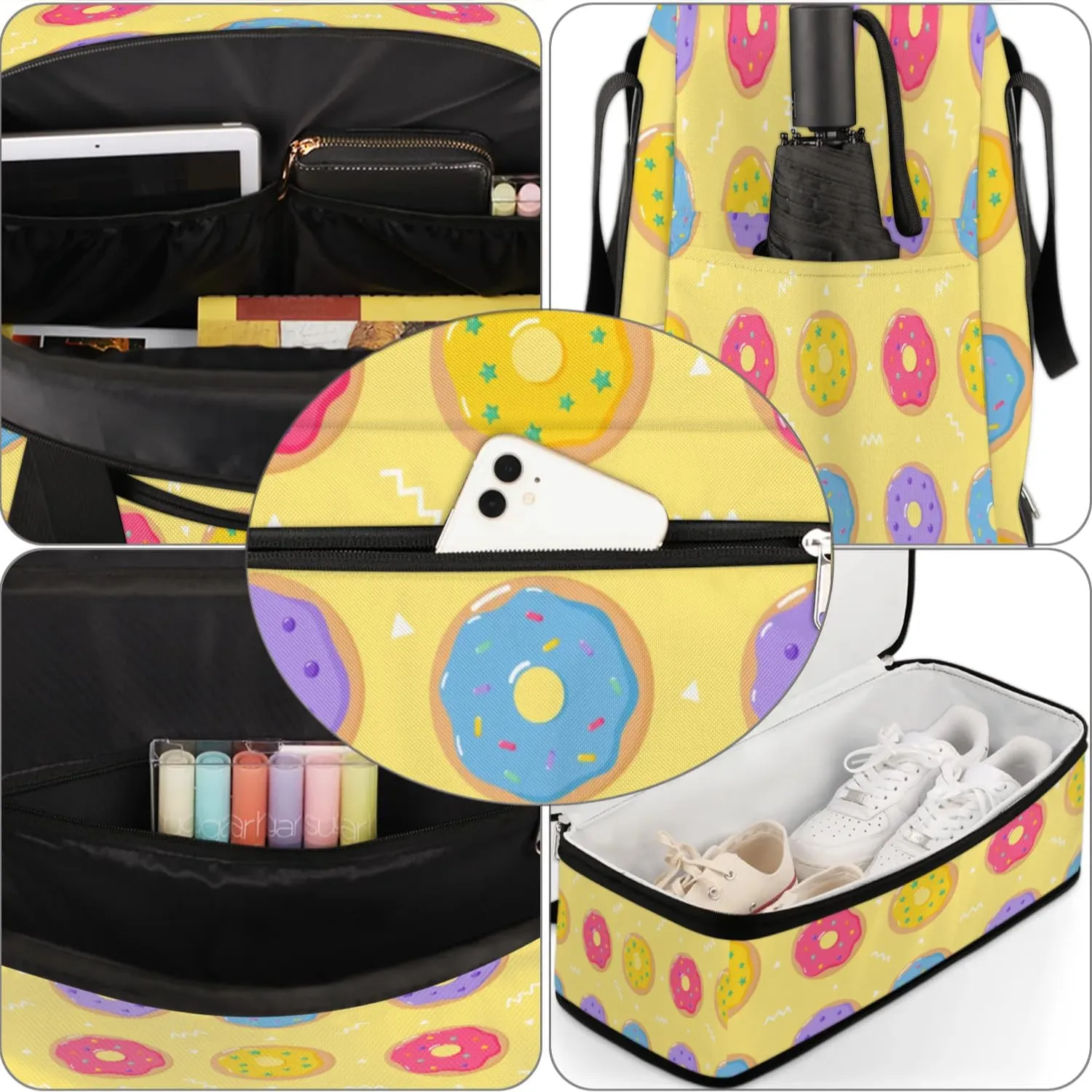Cartoon Donuts Pattern Sports Gym Bag with Shoes Compartment Foldable Travel Duffel Bag Dry Wet Separated Sports Tote Workout Weekender Overnight Bag for Women Yoga Dance Work Training Handbag