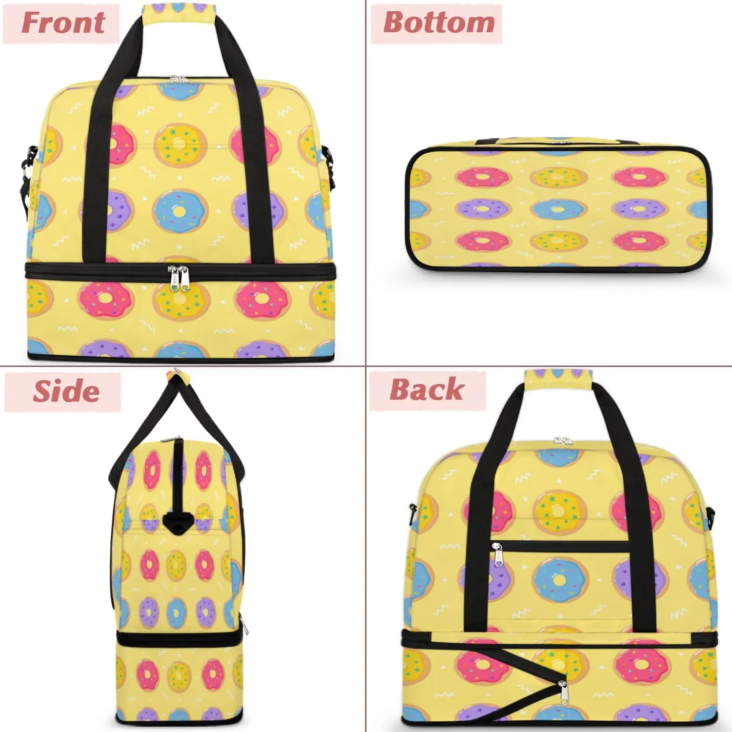 Cartoon Donuts Pattern Sports Gym Bag with Shoes Compartment Foldable Travel Duffel Bag Dry Wet Separated Sports Tote Workout Weekender Overnight Bag for Women Yoga Dance Work Training Handbag