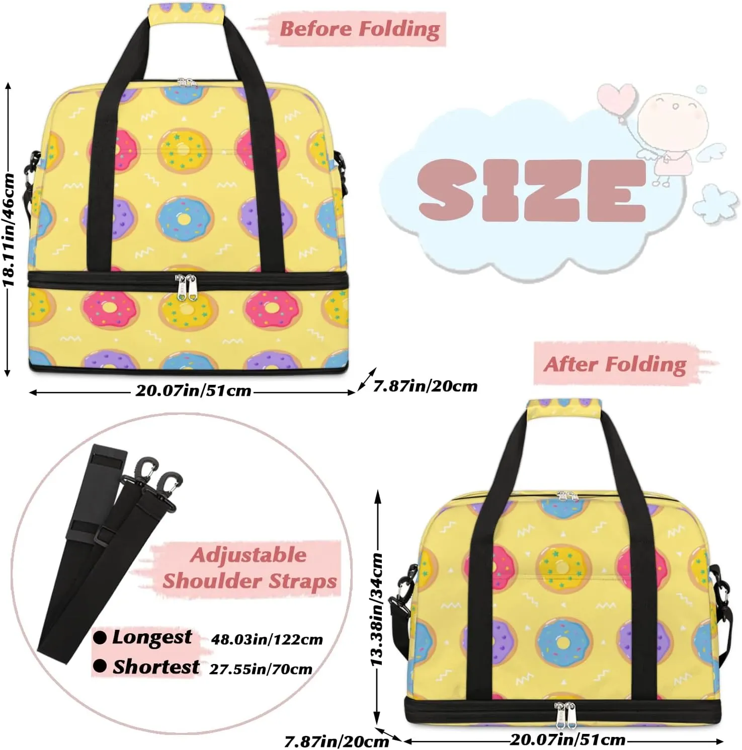 Cartoon Donuts Pattern Sports Gym Bag with Shoes Compartment Foldable Travel Duffel Bag Dry Wet Separated Sports Tote Workout Weekender Overnight Bag for Women Yoga Dance Work Training Handbag