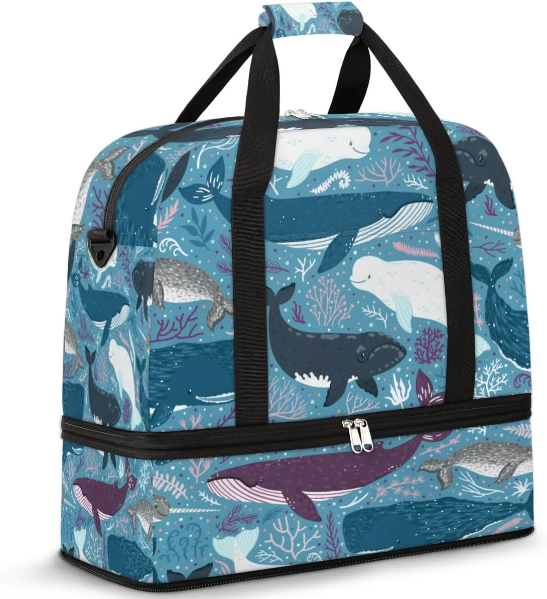 Cartoon Marine Aquatic Grass Whale Travel Duffle Bag, Large Sports Gym Bag with Shoe Compartment, Carry on Tote Bag, Foldable Weekender Overnight Bag for Women Men